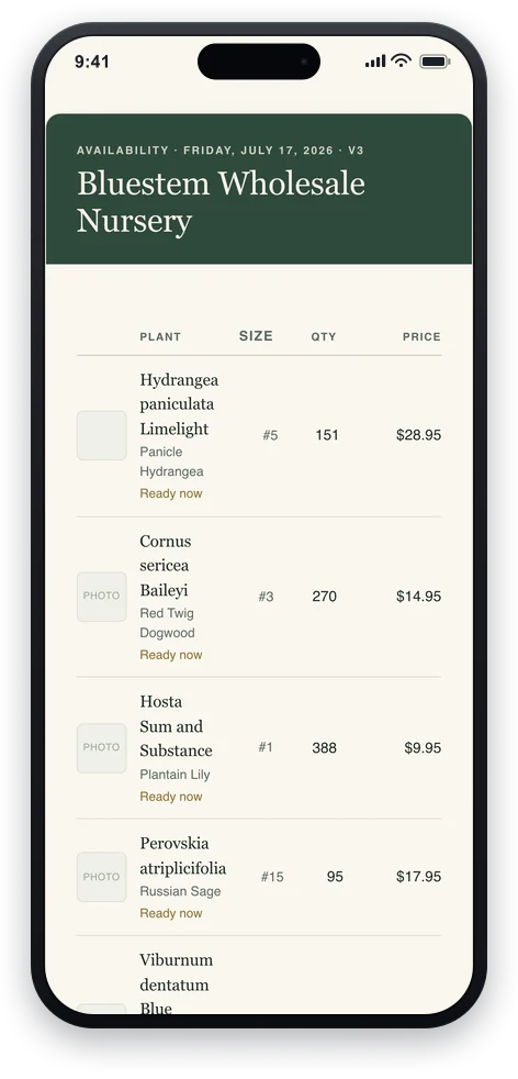 A typeset availability list with grouped categories, quantities, prices, and crop photos.