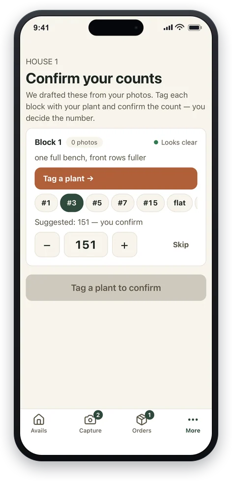 A phone showing a drafted block count ready to confirm, with a suggested quantity the grower taps to accept and plant-size tags to apply.
