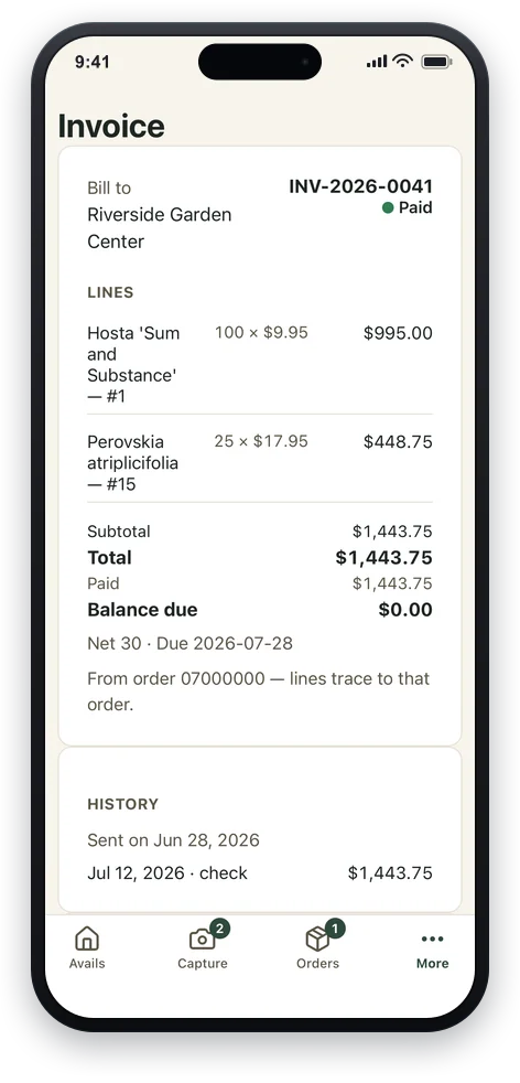 An invoice beside a monthly buyer statement showing opening and closing balances.