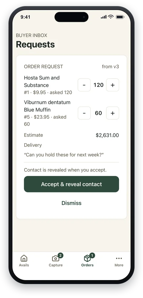 An inbox of buyer order requests with change chips and an accept action.