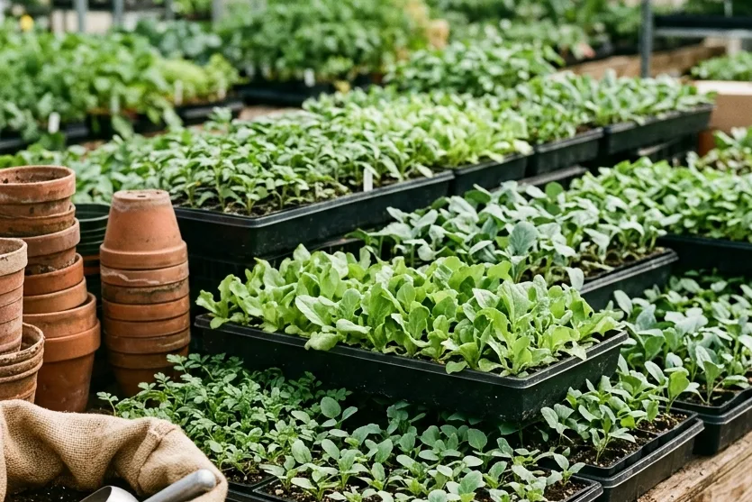 Rows of leafy seedling trays on a wooden greenhouse bench beside stacked terracotta pots and a burlap soil sack.