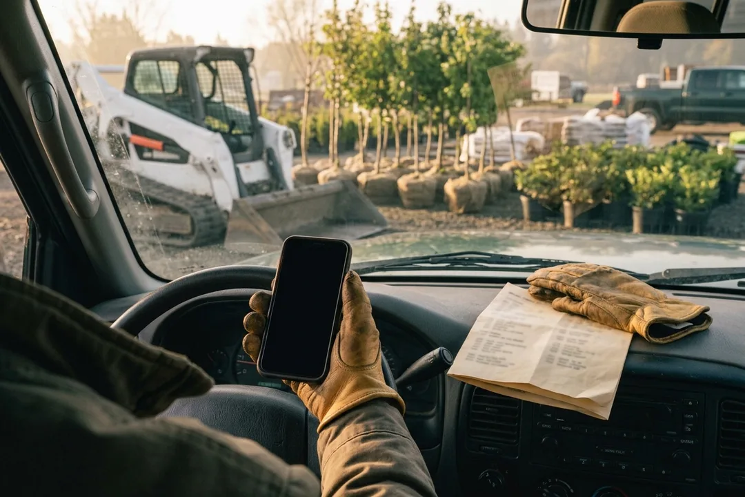 A landscaper's gloved hand holding a phone against the steering wheel of a truck, nursery stock and a skid-steer visible through the windshield.