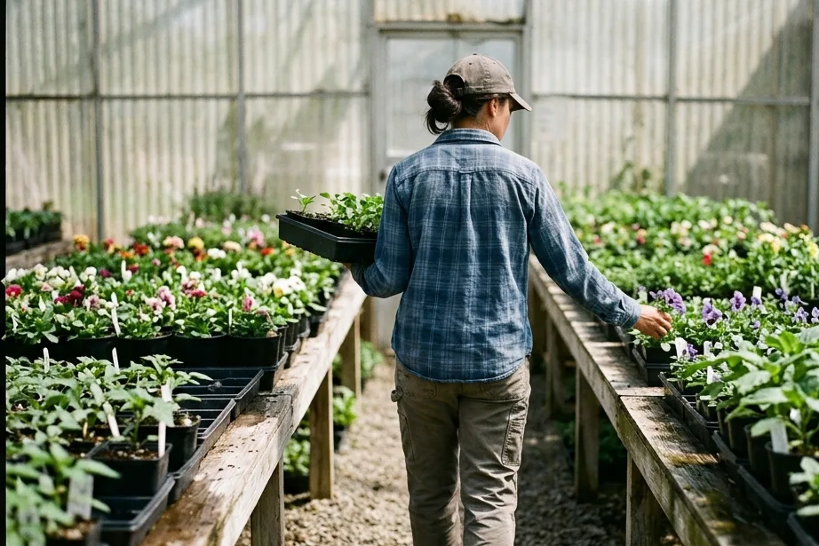 A nursery worker in a plaid shirt and cap carries a tray of starts down the gravel aisle of a greenhouse.