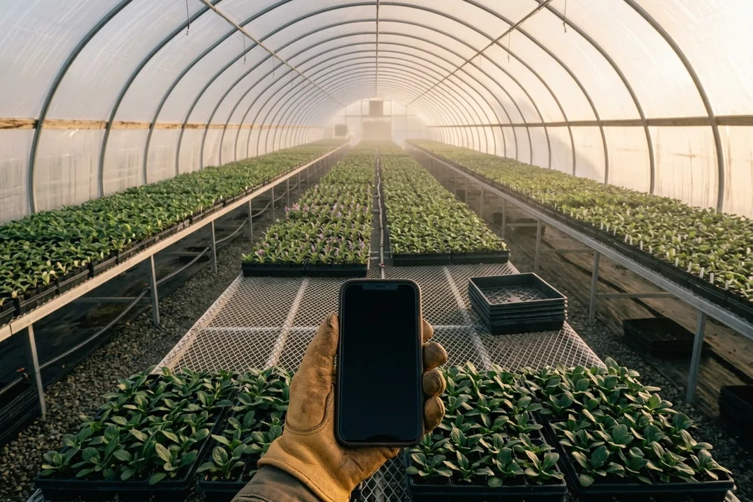 A grower's gloved hand holding a phone inside a hoop house at first light, seedling trays receding down the rows.