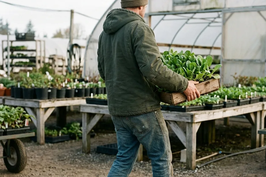 A worker in a wool cap carries a wooden crate of leafy starts across a gravel yard beside a hoop house.