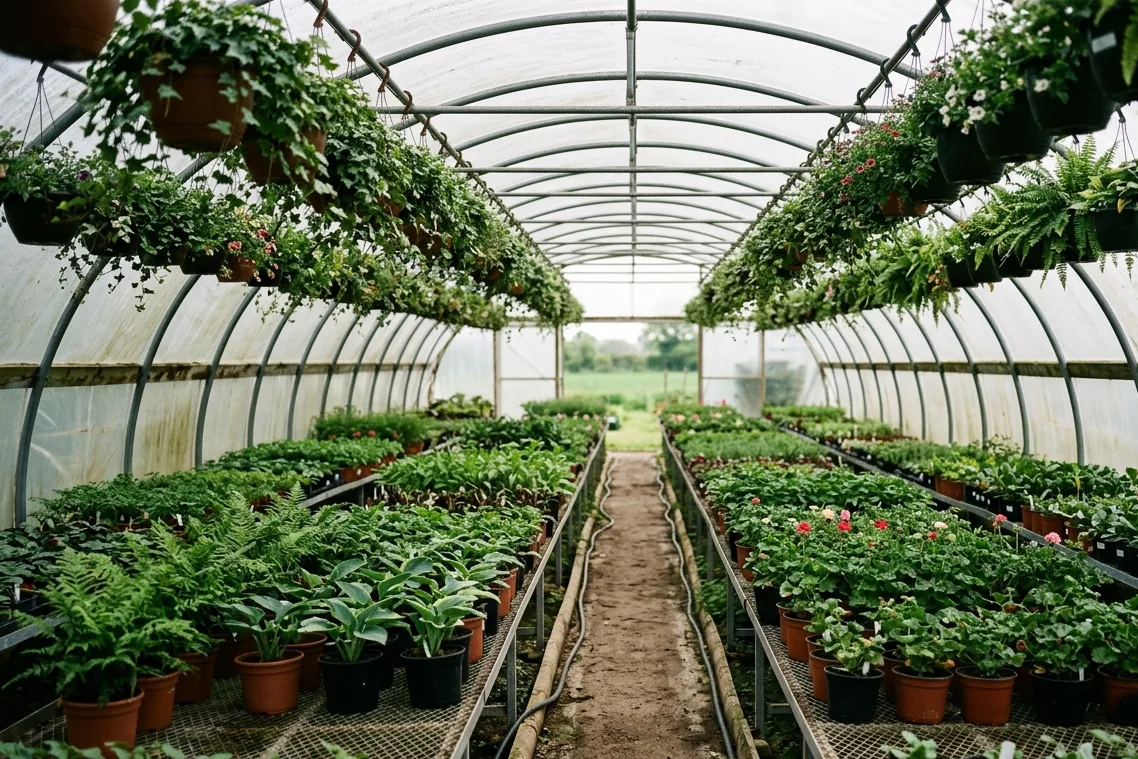 The symmetrical interior of a polytunnel greenhouse with benches of potted plants and hanging baskets along a dirt path.