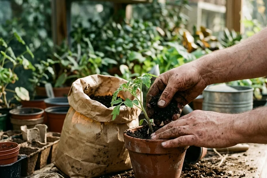 Soil-covered hands firm a young tomato seedling into a terracotta pot on a rustic potting bench.