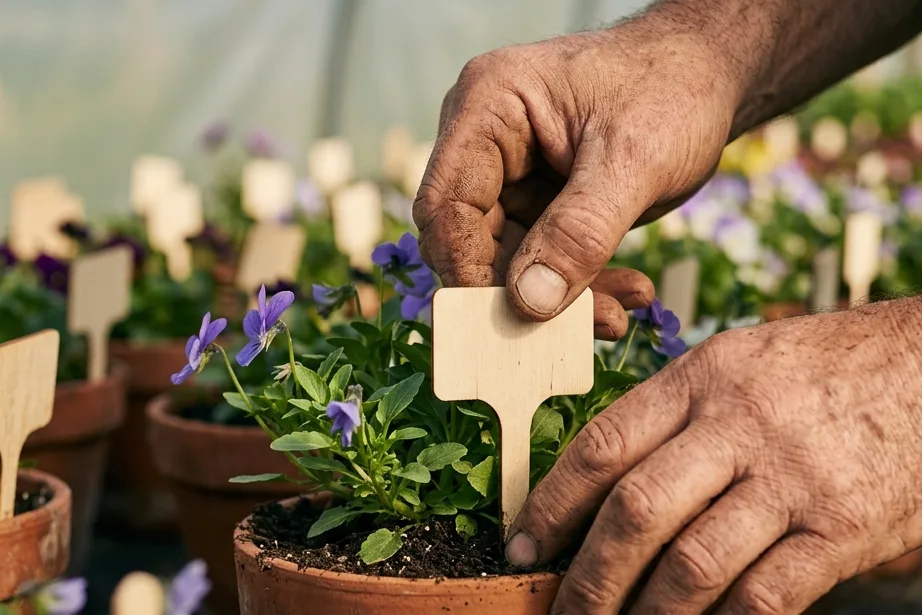 Weathered hands press a blank wooden label into a potted flowering viola among rows of labeled pots.