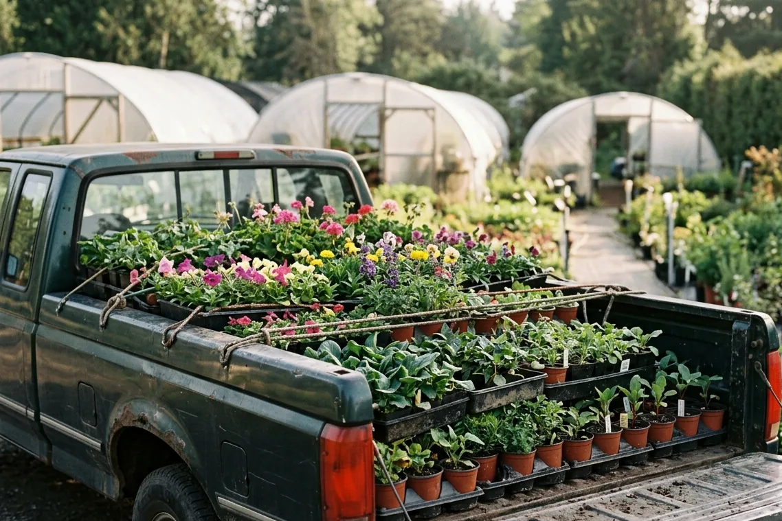 An older pickup truck loaded with flats of flowering plants and potted starts, tied down, ready to leave a nursery yard.